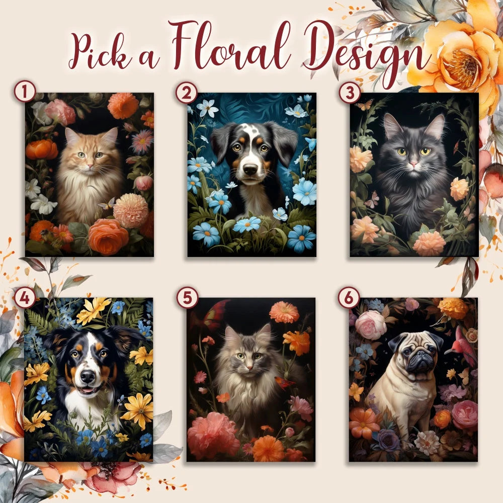 Custom Floral Pet Portrait Painting, Flower Frame Custom Portrait Wall Art, Floral Cat Portrait, Custom Pet Portrait Canvas, Custom Floral