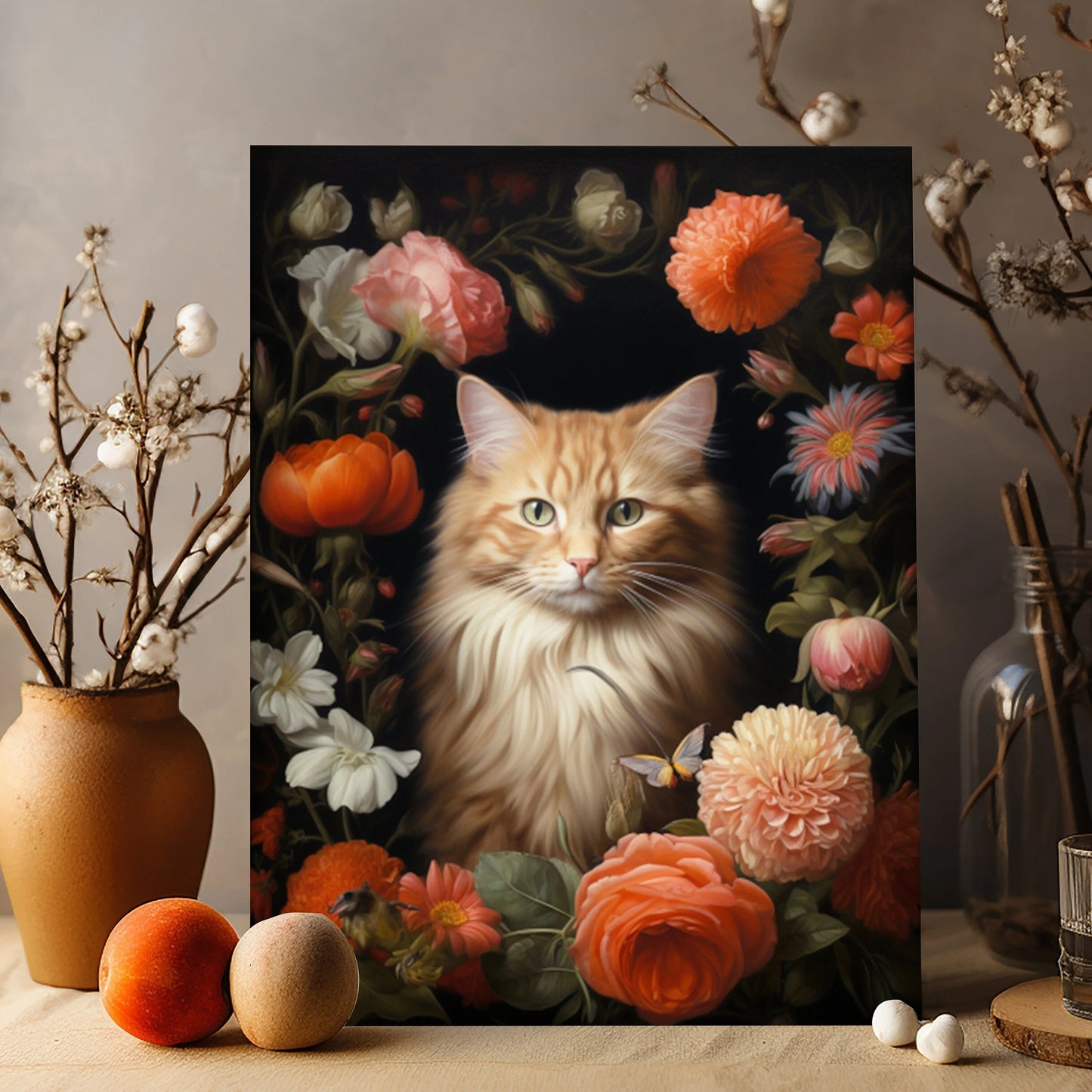 Custom Floral Pet Portrait Painting, Flower Frame Custom Portrait Wall Art, Floral Cat Portrait, Custom Pet Portrait Canvas, Custom Floral