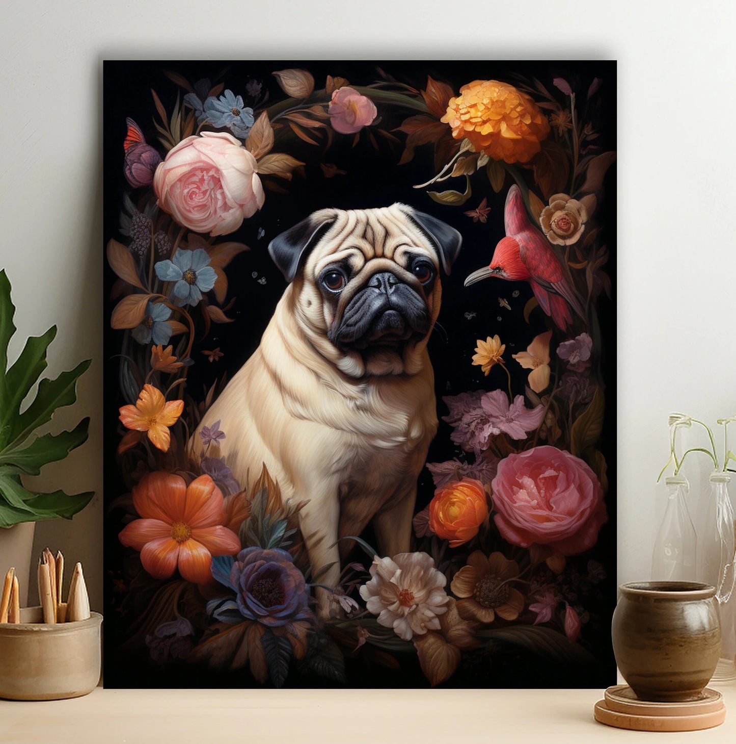 Custom Floral Pet Portrait Painting, Flower Frame Custom Portrait Wall Art, Floral Cat Portrait, Custom Pet Portrait Canvas, Custom Floral