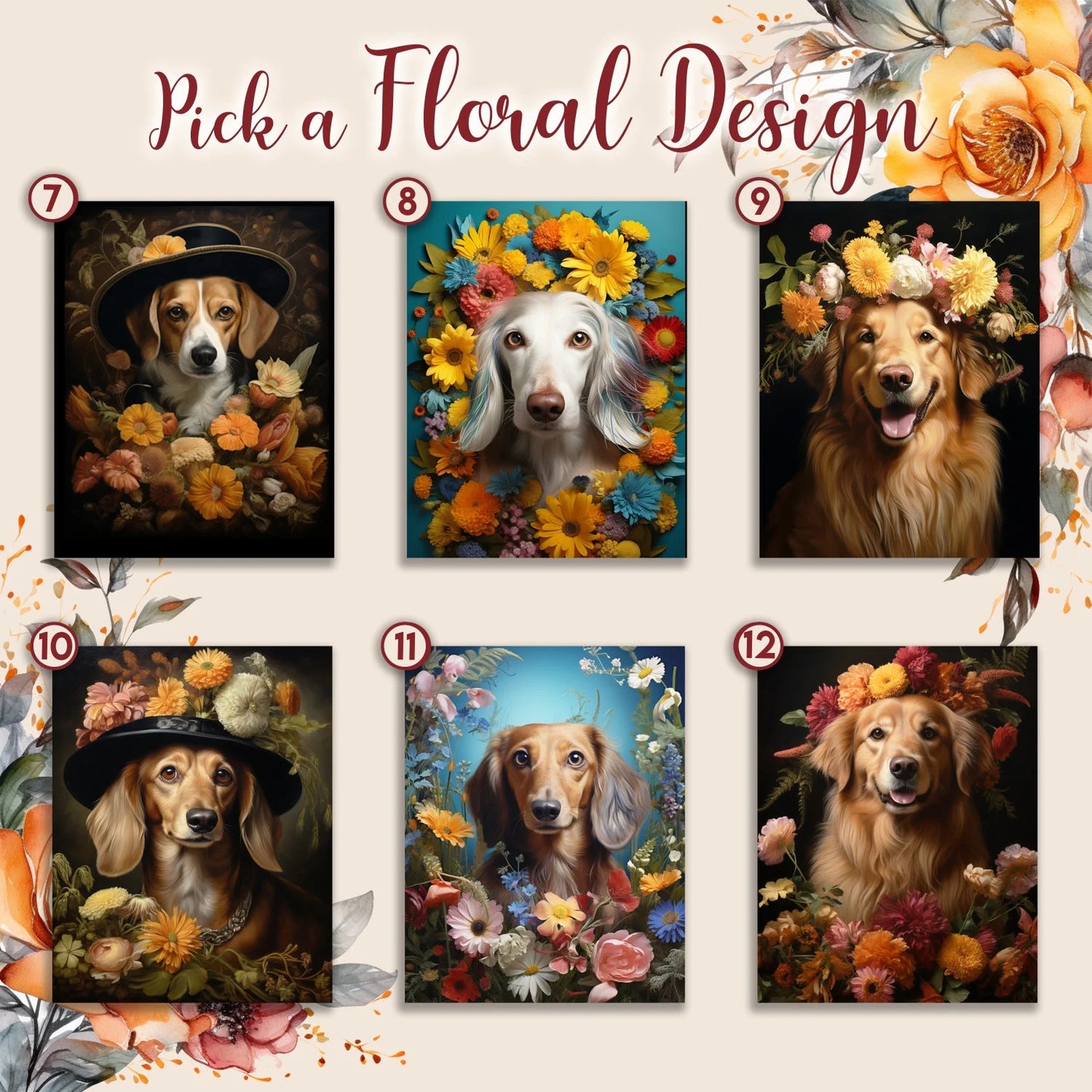 Custom Floral Pet Portrait Painting, Flower Frame Custom Portrait Wall Art, Floral Cat Portrait, Custom Pet Portrait Canvas, Custom Floral