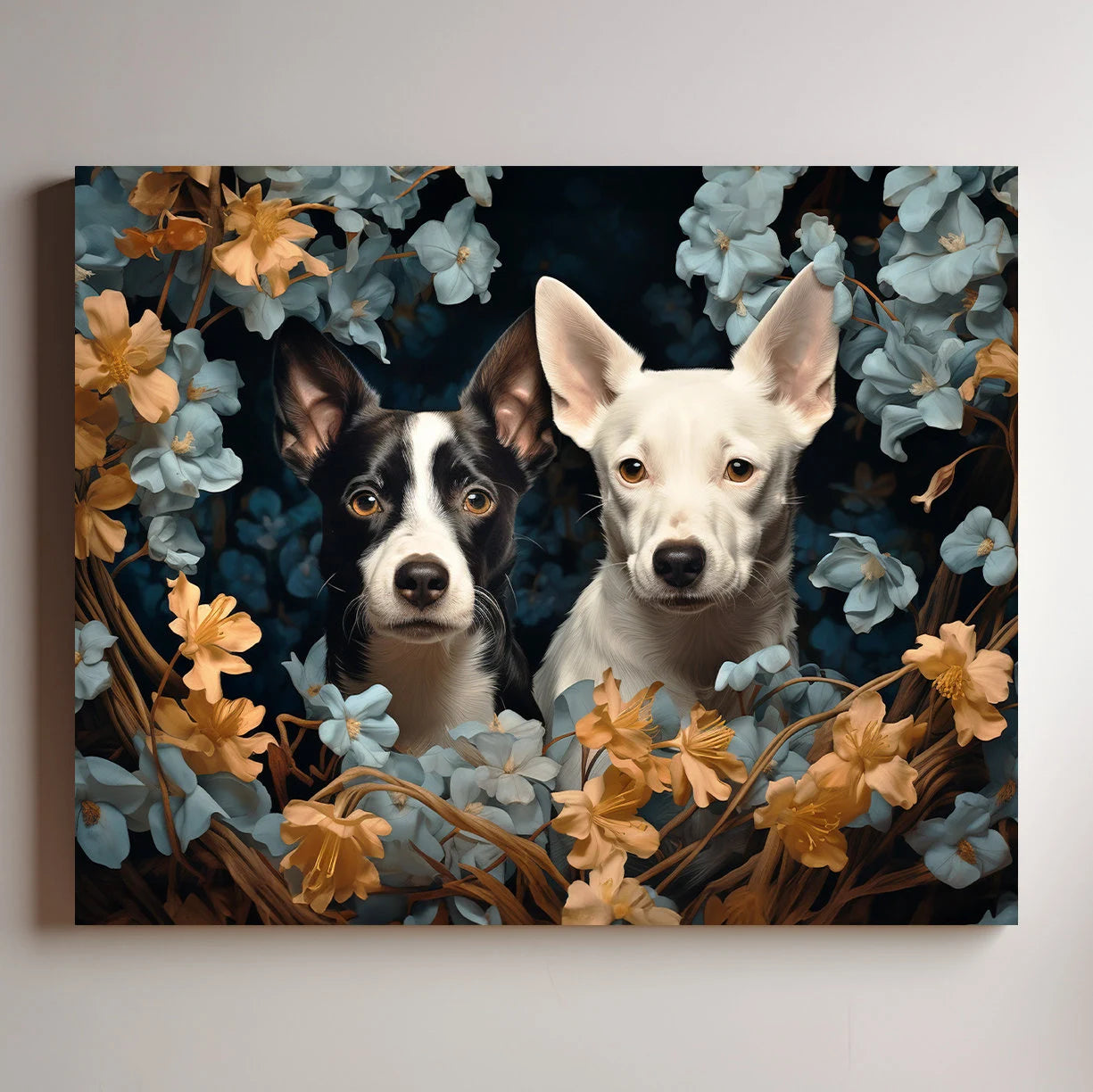 Dual Custom Floral Pet Portrait Painting, Flower Frame Custom Portrait