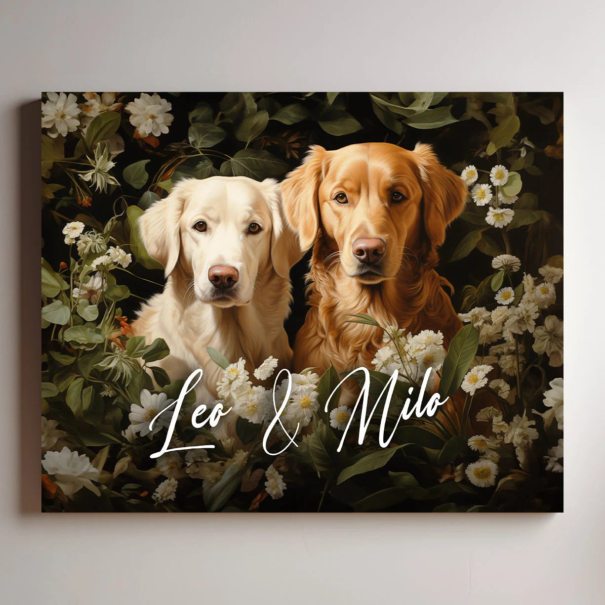 Dual Custom Floral Pet Portrait Painting, Flower Frame Custom Portrait