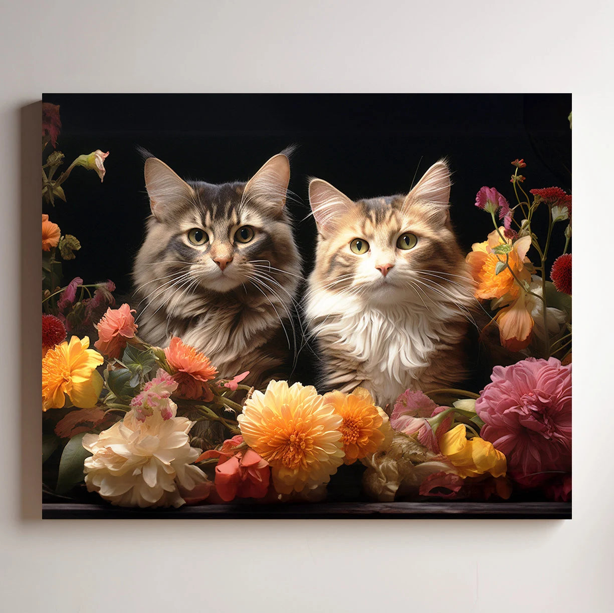 Dual Custom Floral Pet Portrait Painting, Flower Frame Custom Portrait